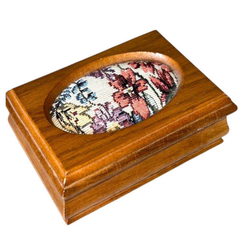 Vintage Miniature Wood Jewelry Box W Floral Tapestry Insert